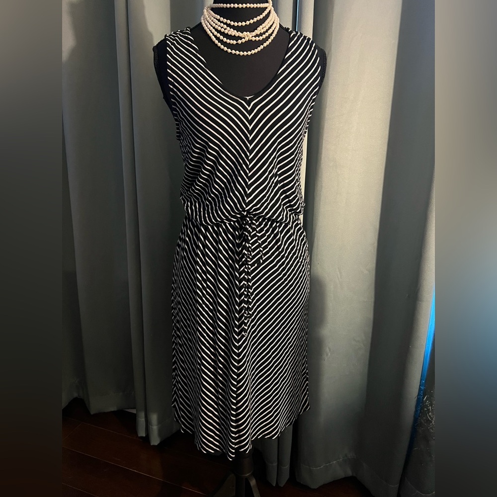 Merona Black and White Striped Sleeveless Tie-Waist Knee Length Dress S